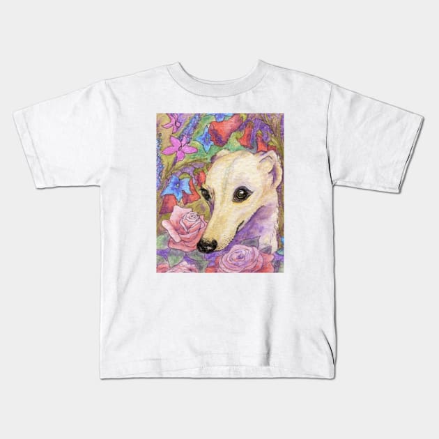 Shy flower whippet Kids T-Shirt by SusanAlisonArt